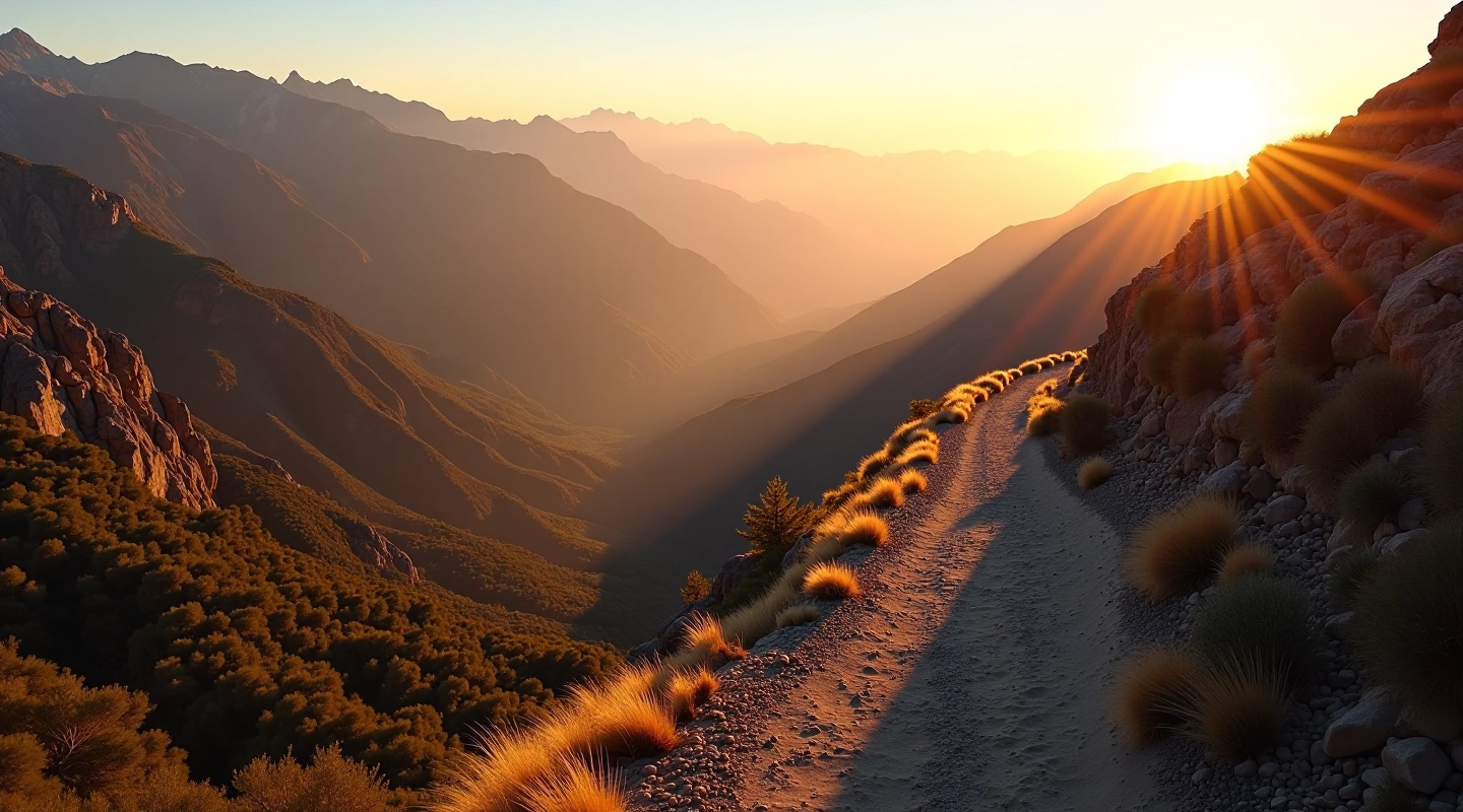 Paisaje cinematográfico de montañas serranas al atardecer con miradores rocosos y vista panorámica del valle