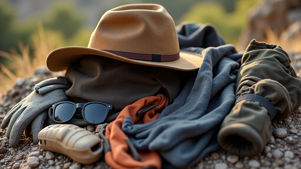 Accesorios de trekking dispuestos sobre tela: sombrero, gafas, guantes y otros elementos esenciales para la montaña