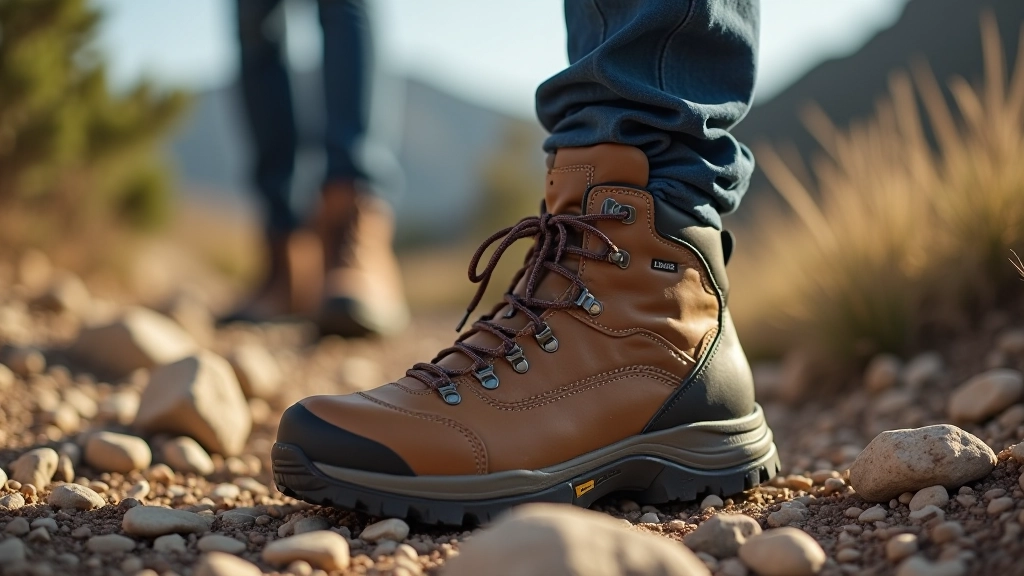 Primer plano de botas de trekking en sendero rocoso, mostrando suela con buen agarre y construcción resistente