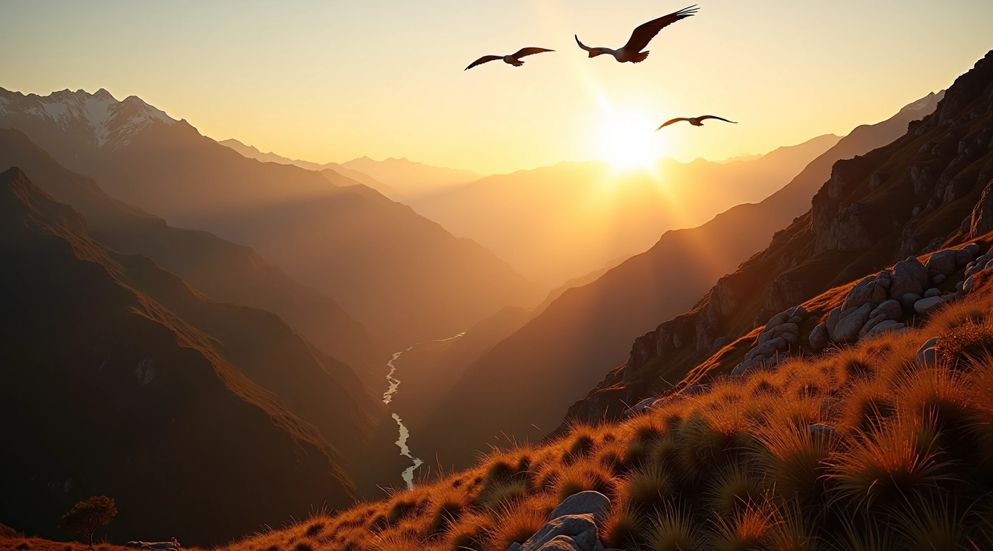 Vista panorámica de la Quebrada del Condorito con cóndores volando