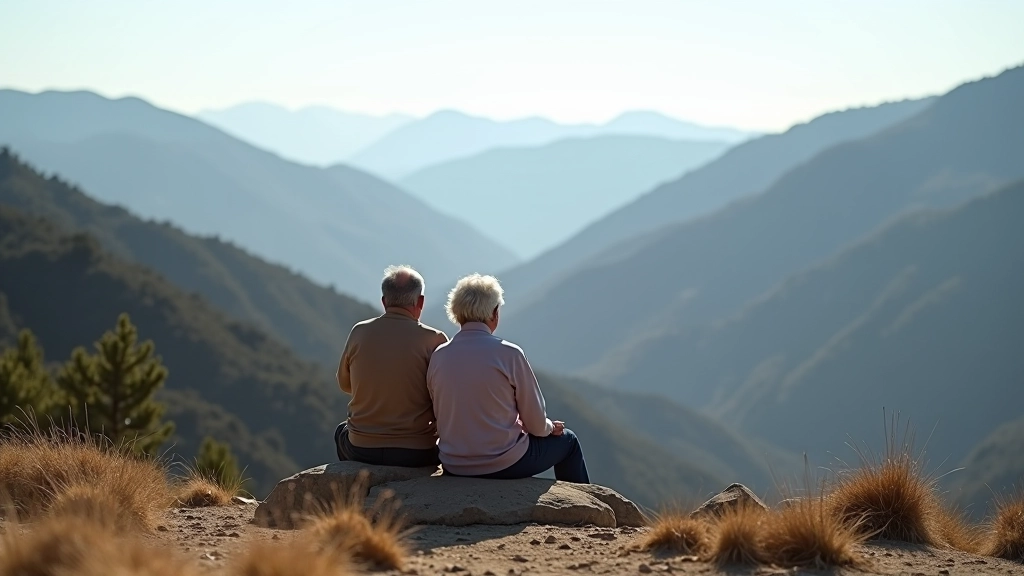 Pareja de jubilados descansando en un mirador con vista panorámica de montañas