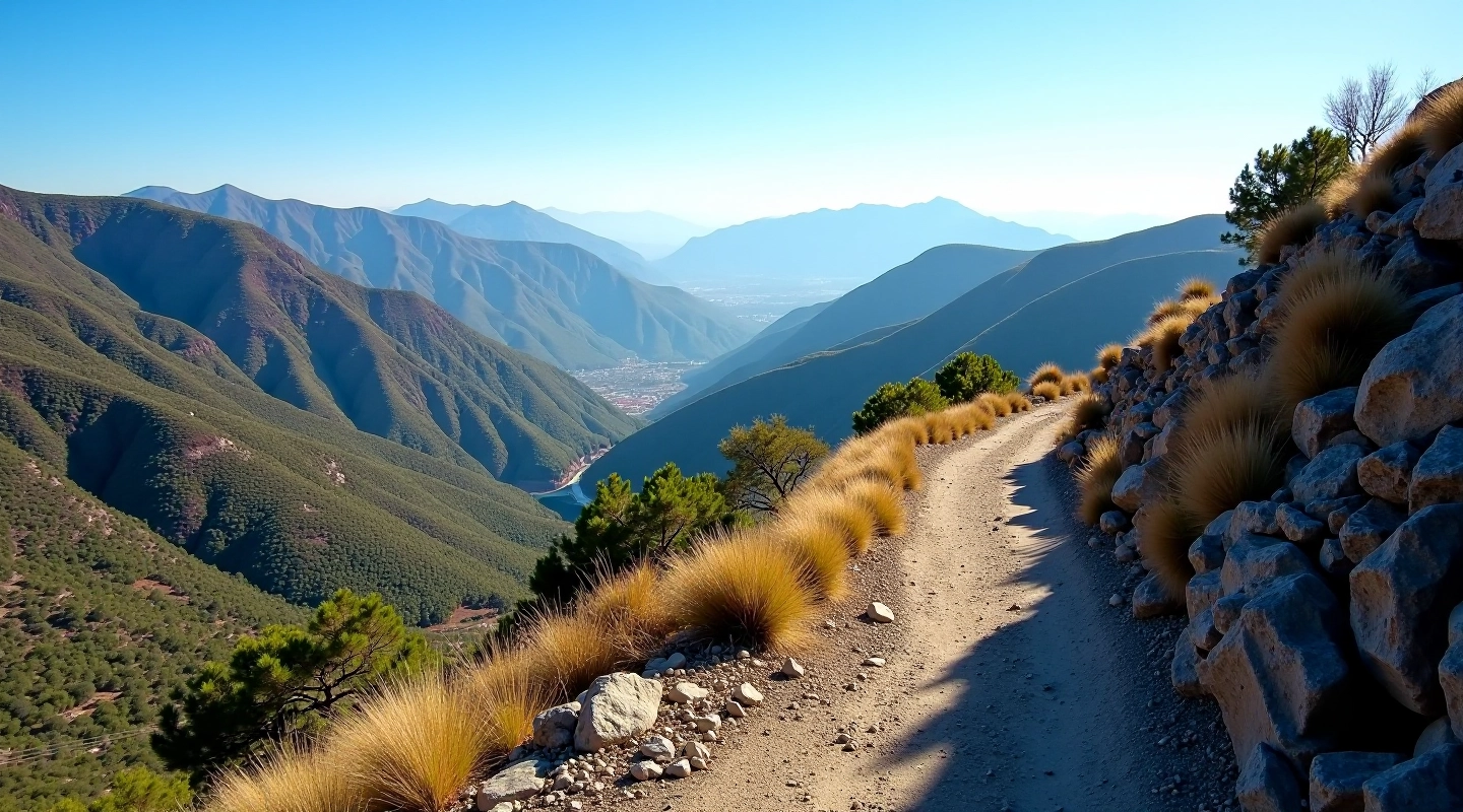 Sendero sinuoso entre montañas rocosas con vista de valle al fondo